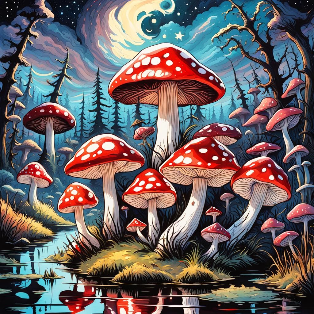 Gothic Horror: Giant Glowing Mushroom in Swamp