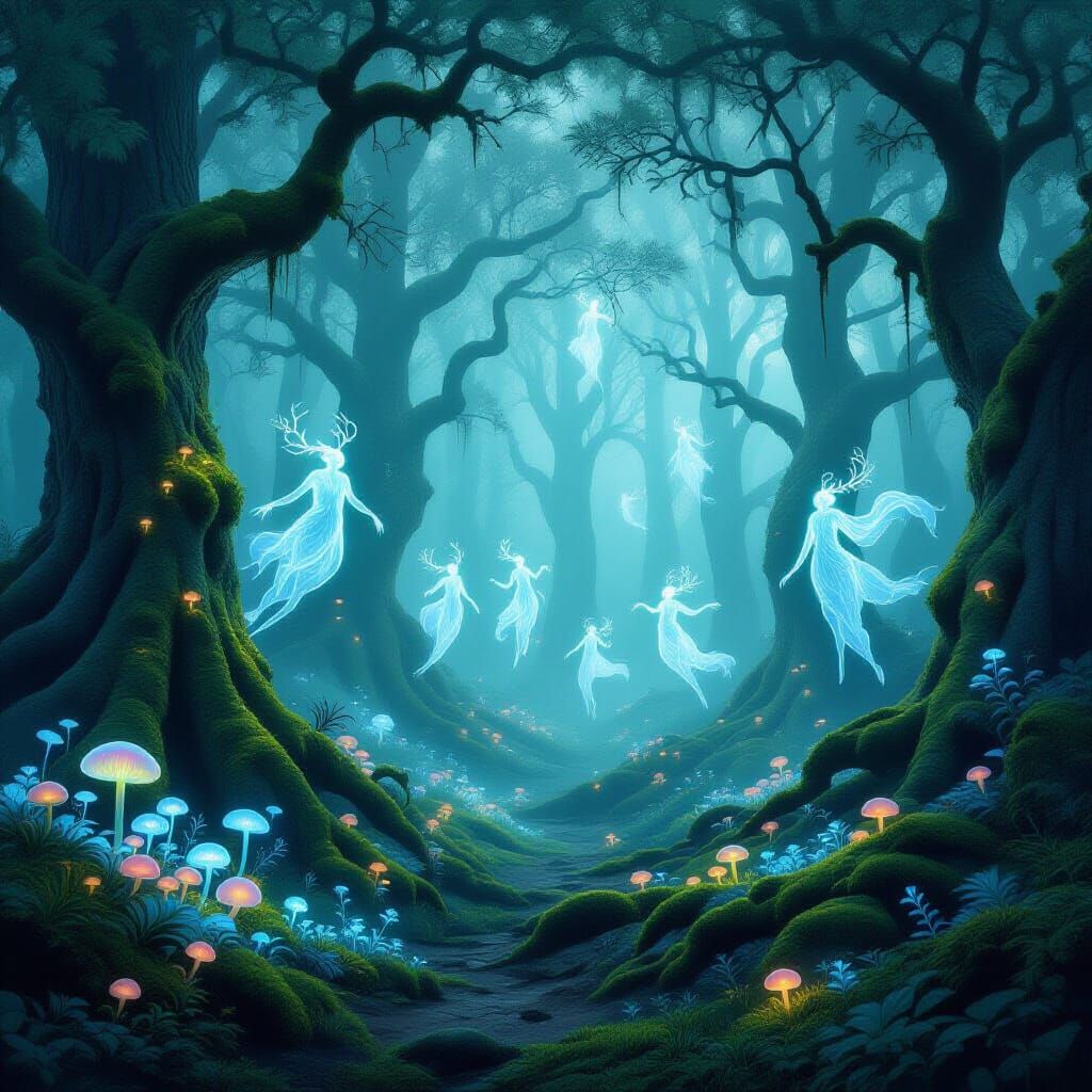 Enchanted Forest with Spectral Creatures in Magical Realism ...