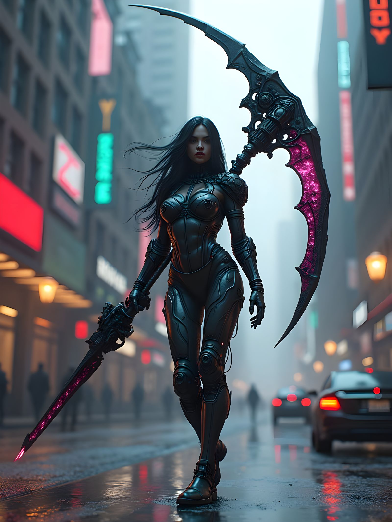 Biomechanical Siren with Fractal Scythe in Dystopian Sprawl