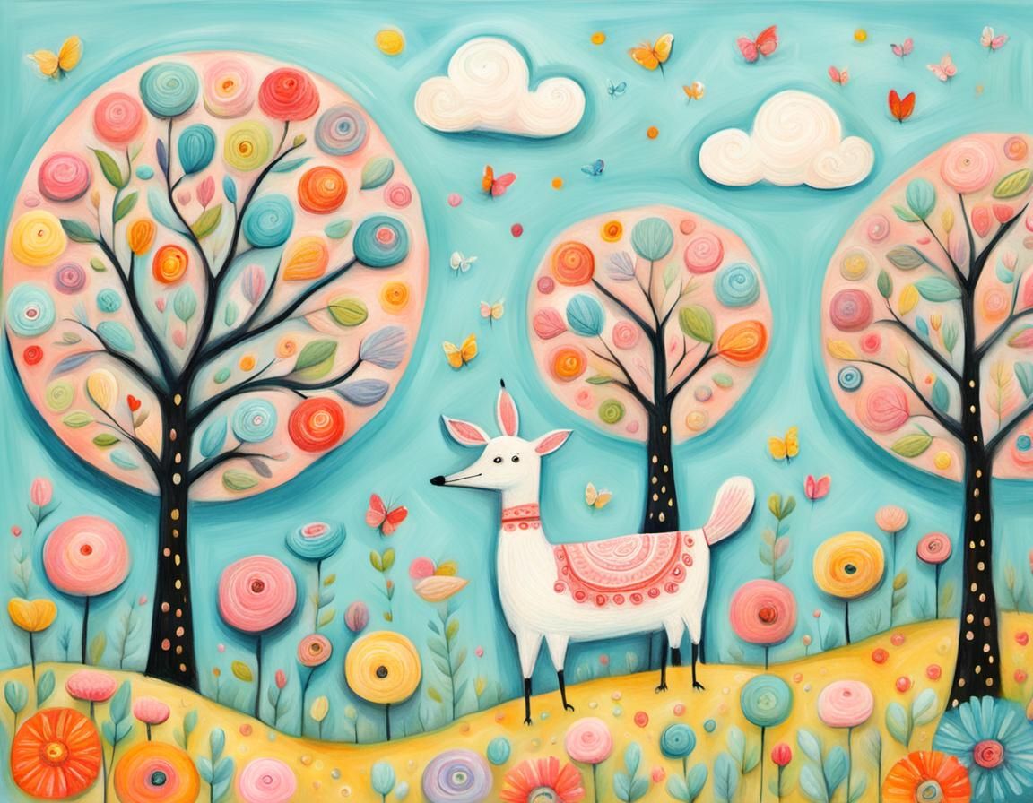 Whimsical Folk Art Illustration in Pastel Impasto