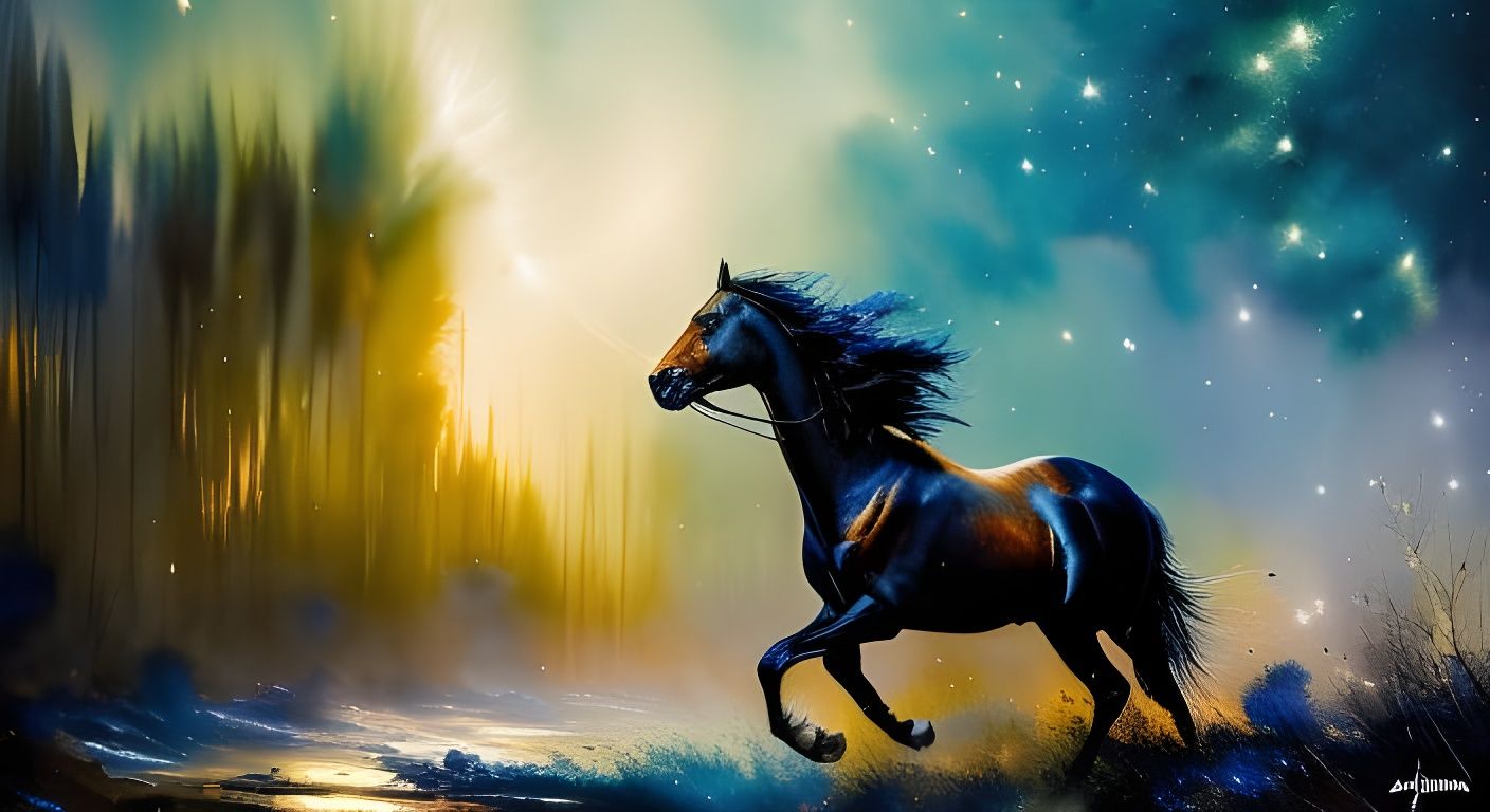 Stallion in Starry Willow, Detailed Digital Art