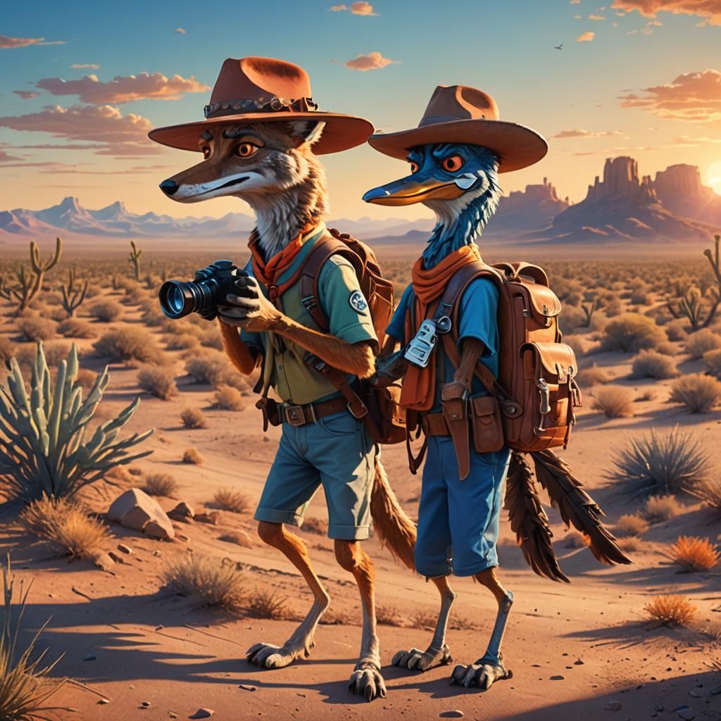 Coyote Watches Roadrunner with Binoculars in Desert Landscap...