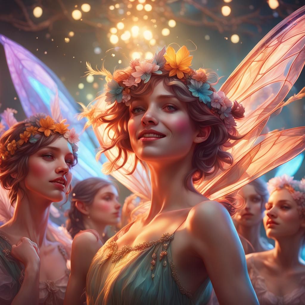 Fairies Dancing at Party in Art Nouveau Style