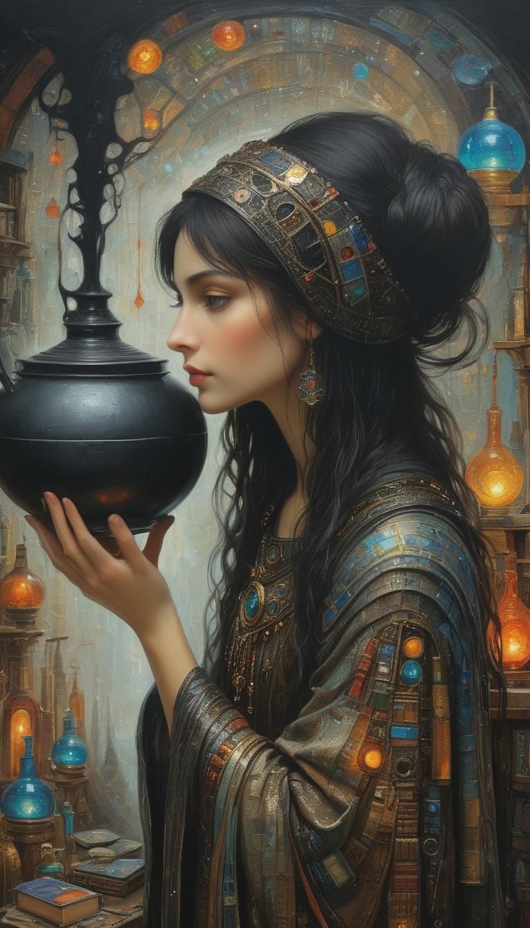 Ethereal Alchemist in Hundertwasser Style Oil Painting