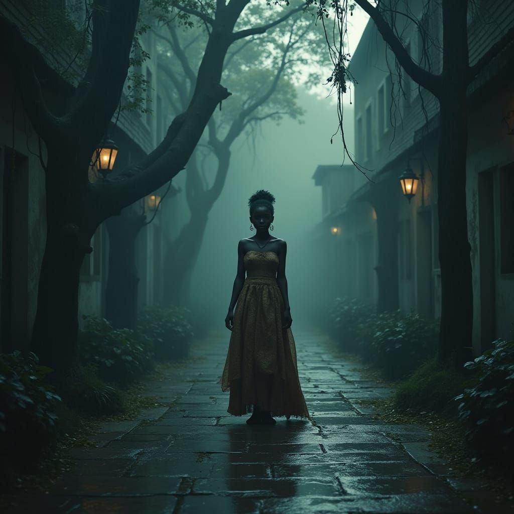 Mystical African Princess in Rainy Courtyard, Mystical Reali...
