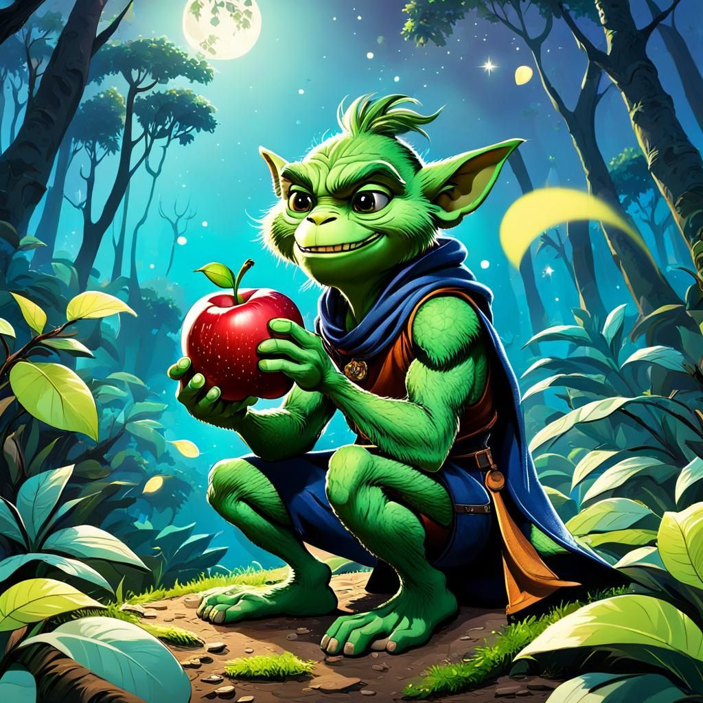 Friendly Green Goblin Eating Apple in Jungle