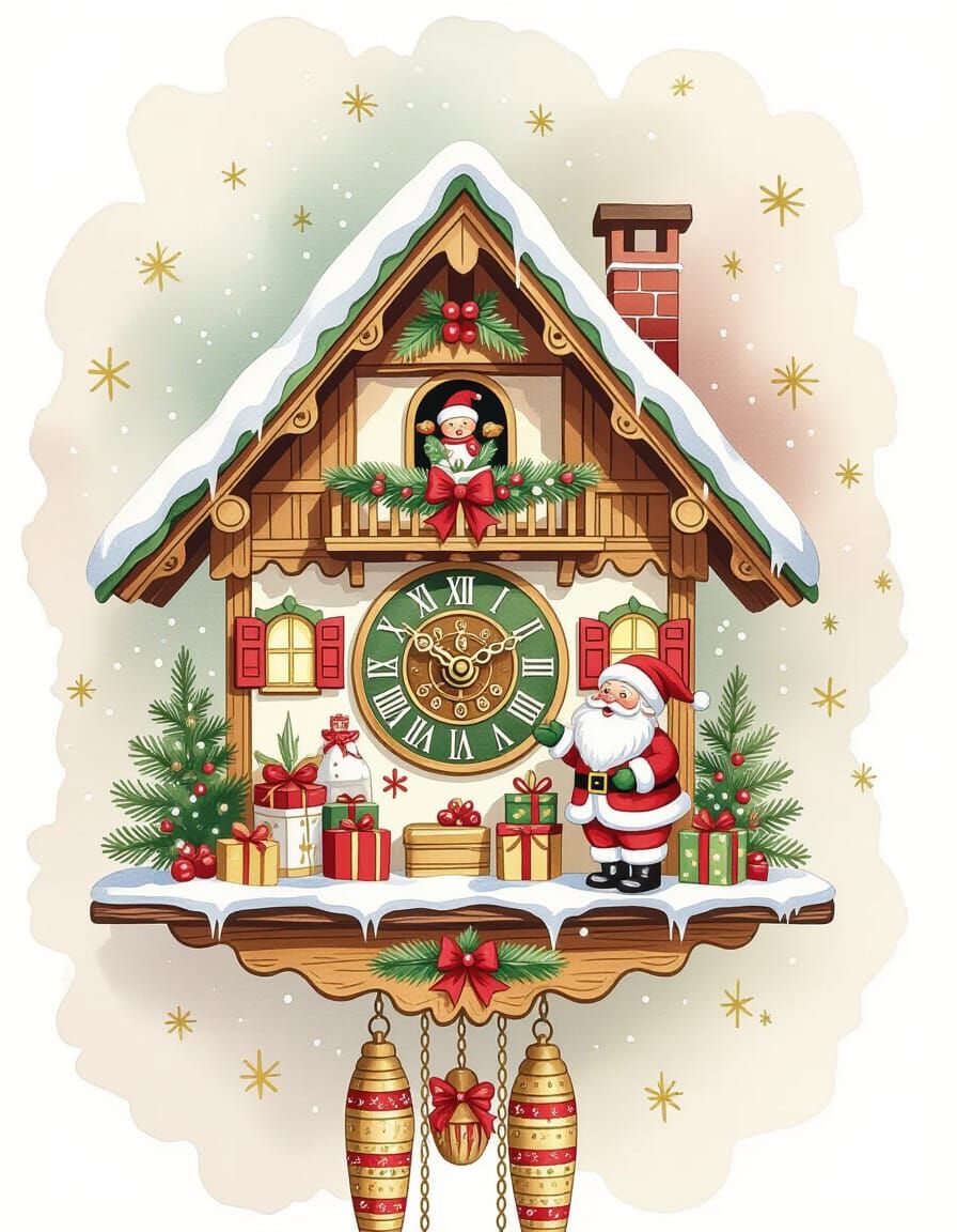Festive Watercolor Christmas Cuckoo Clock with Santa