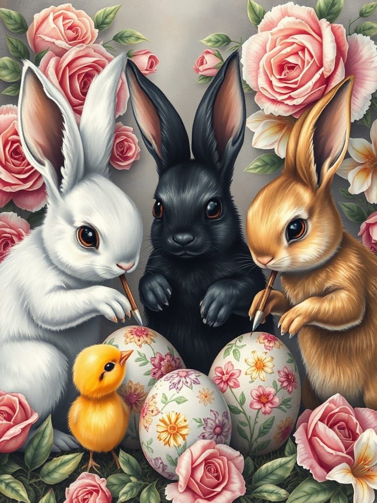 Easter Bunnies Painting Eggs in Charcoal Style