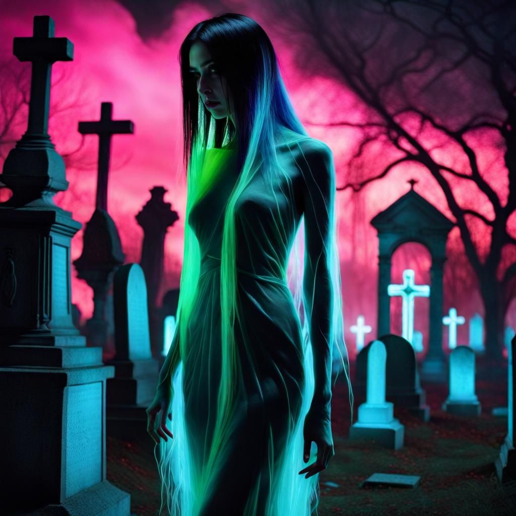 Ethereal Beauty Wraith in Neon Cemetery