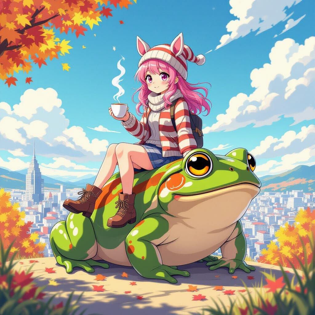 Anime Girl with Horse Ears Rides Giant Frog Through Autumn S...