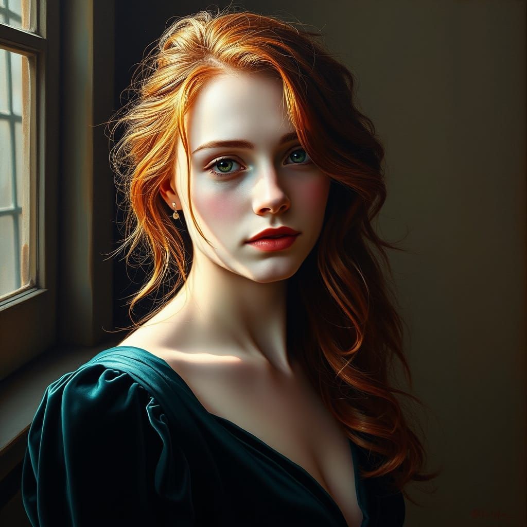 Oil Portrait of Woman in Emerald Gown