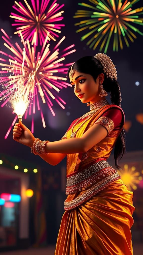 South Indian Dancer Lights Fireworks: 3D Animation