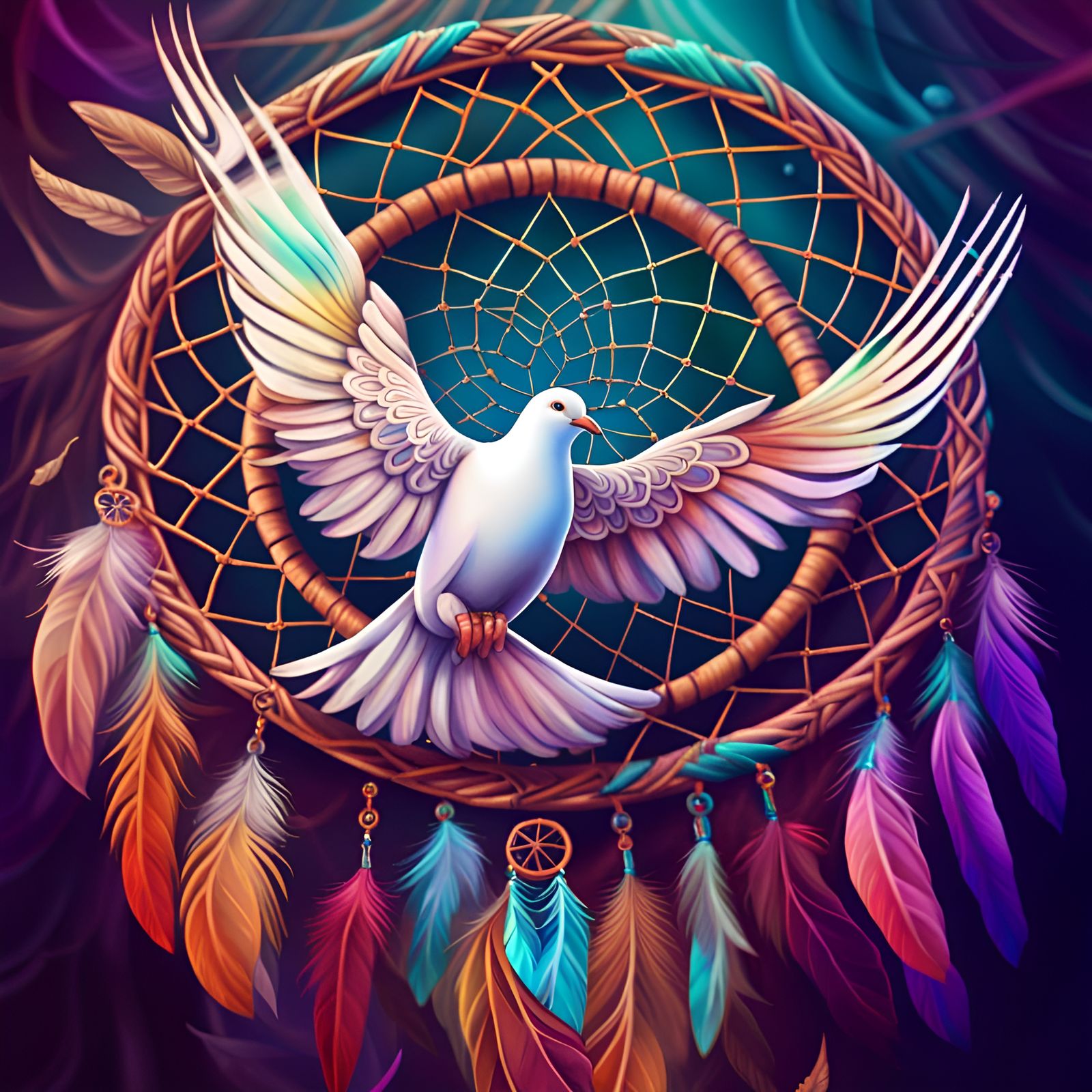 A dove flying in front of a dream catcher