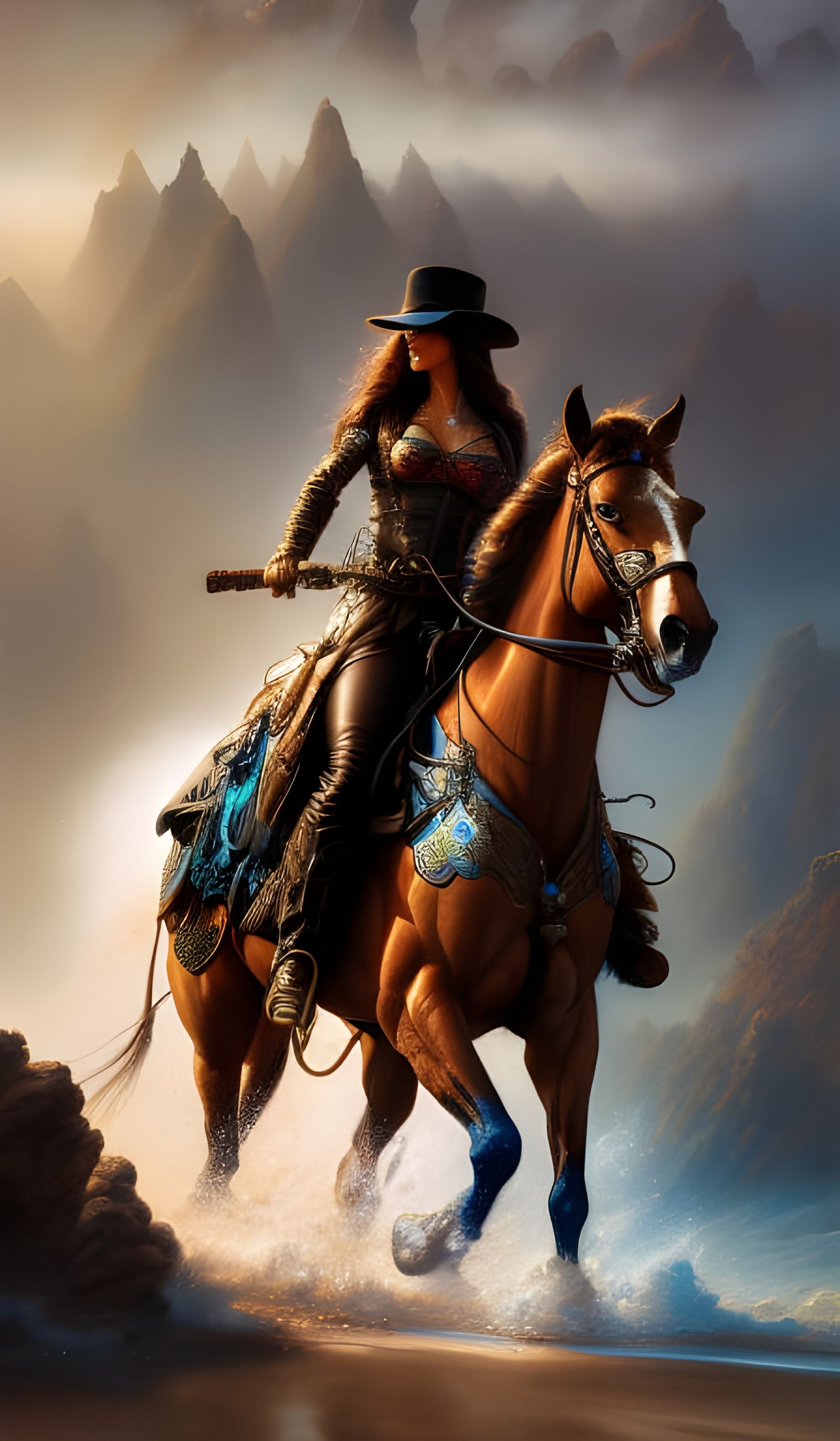 Cowgirl Rides Stallion on Beach, Digital Art