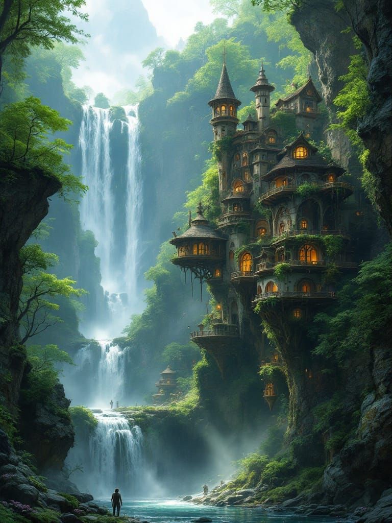 Epic Waterfall Cityscape in High Fantasy Style