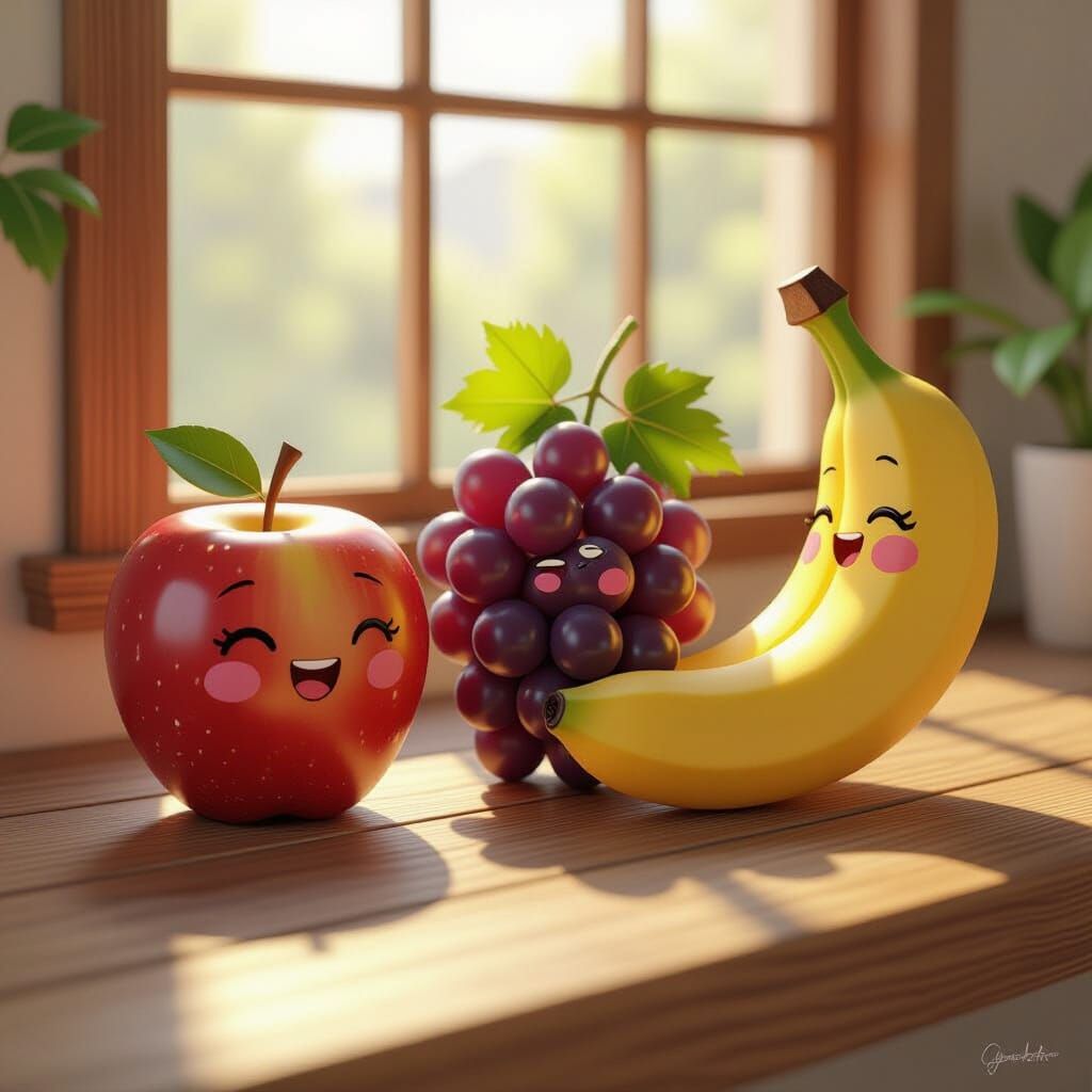 Joyful Anthropomorphic Fruits on Rustic Table