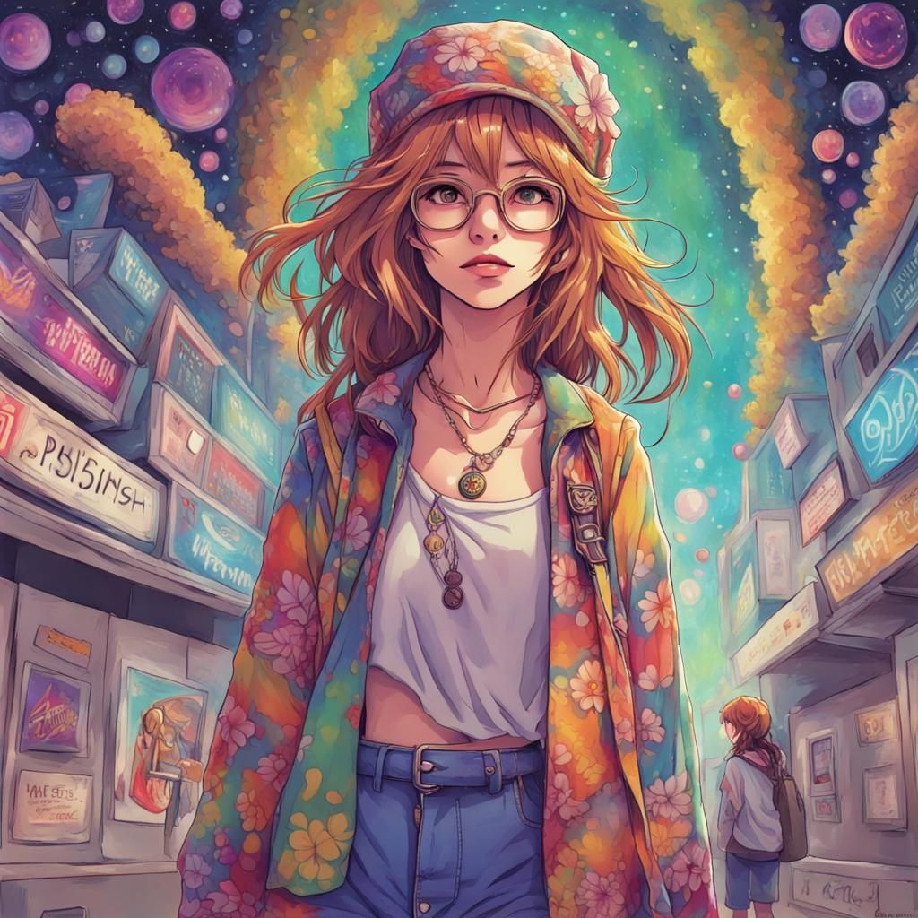 Psychedelic 90s Girl Going to Phish Concert, Anime Style