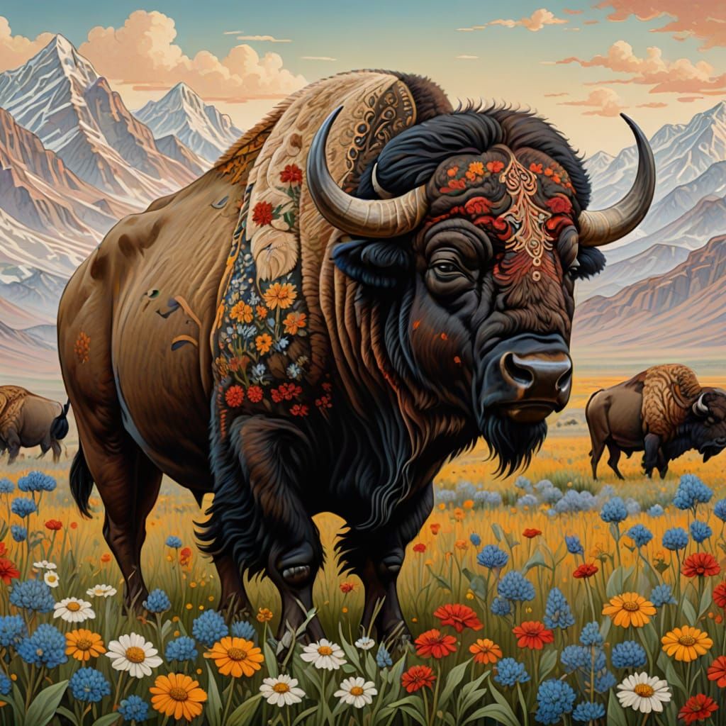 Majestic Buffalo in Persian Miniature Style