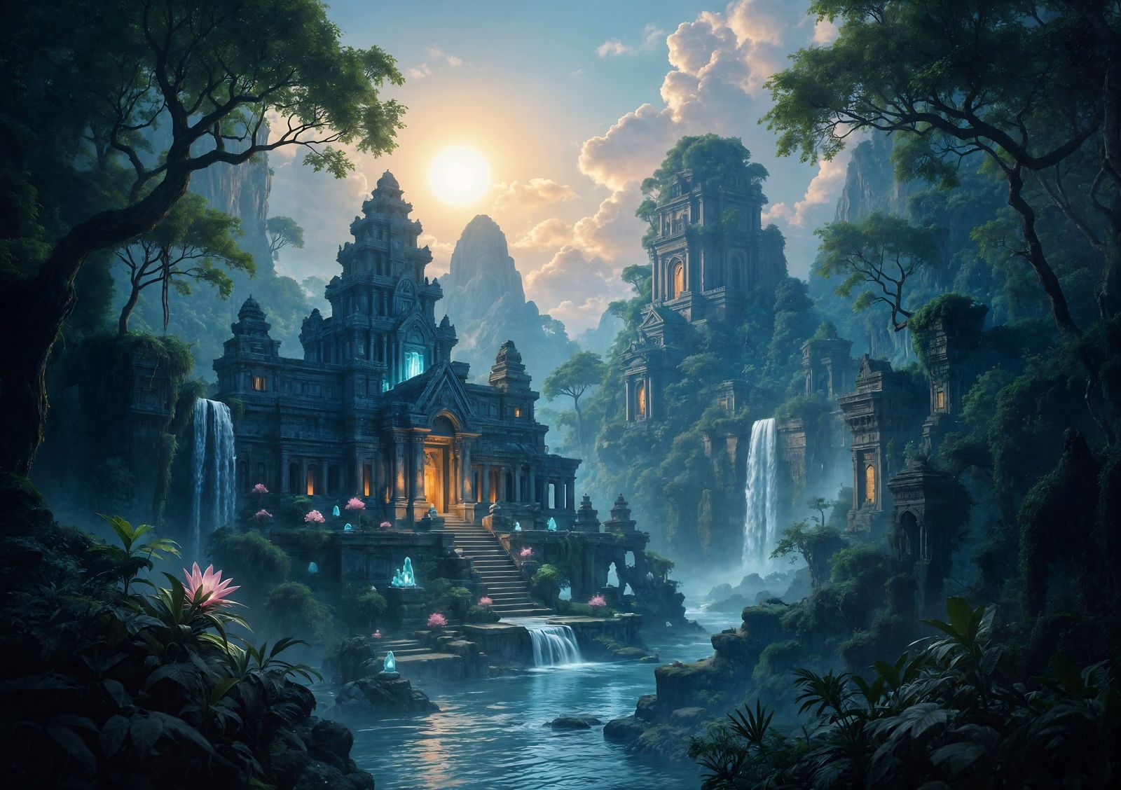 Bioluminescent Alien Jungle Temple: Digital Matte Painting