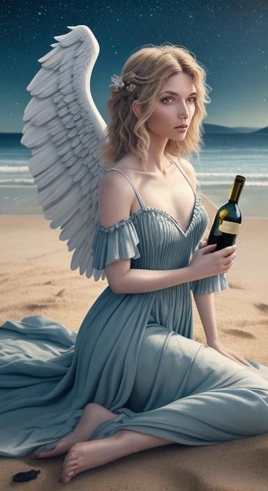 Angel on Sandy Beach Under Starry Sky
