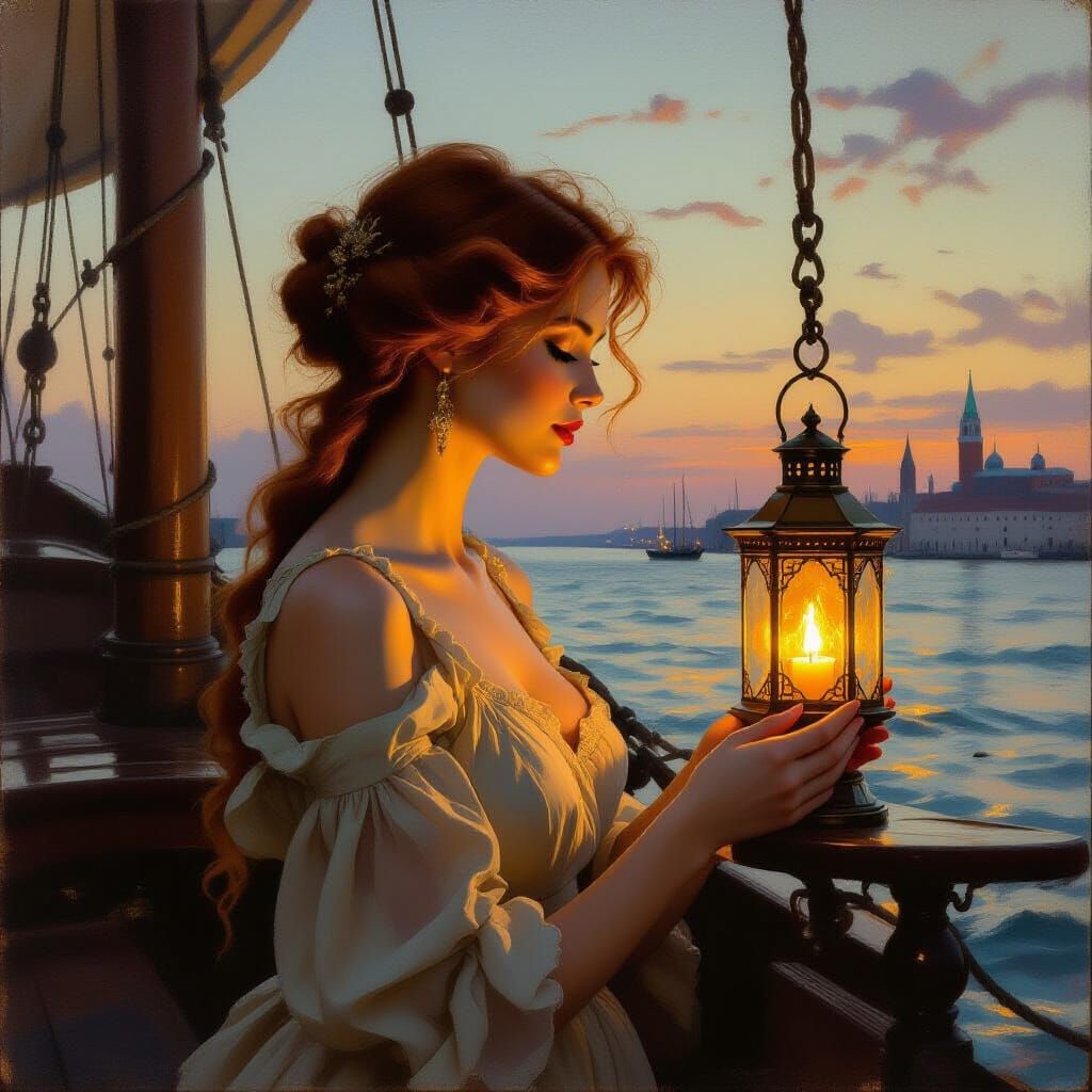 Redhead Lighting Lantern at Twilight: Oil Painting Style