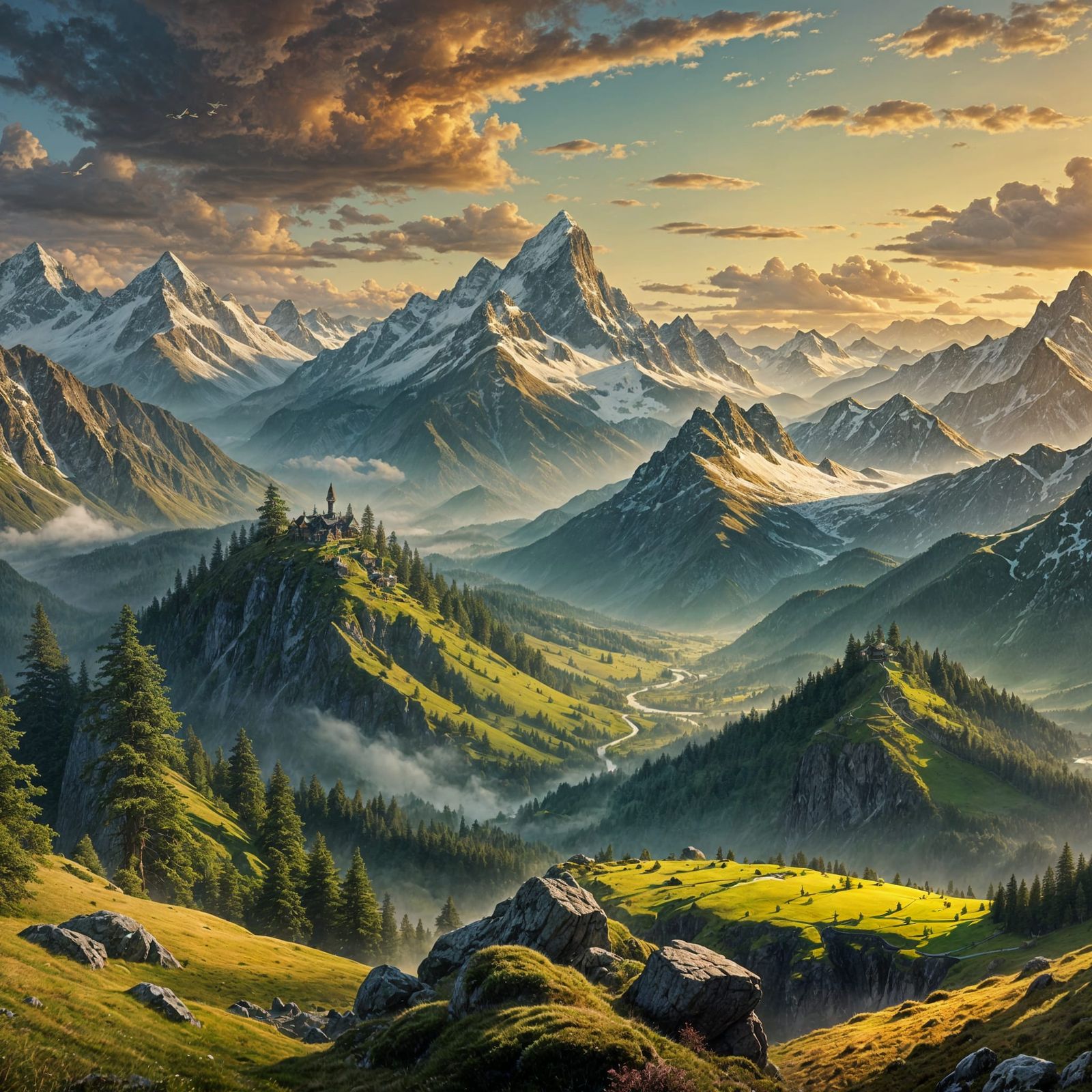 Moss Green Valley and Snowcapped Mountains in Digital Painti...