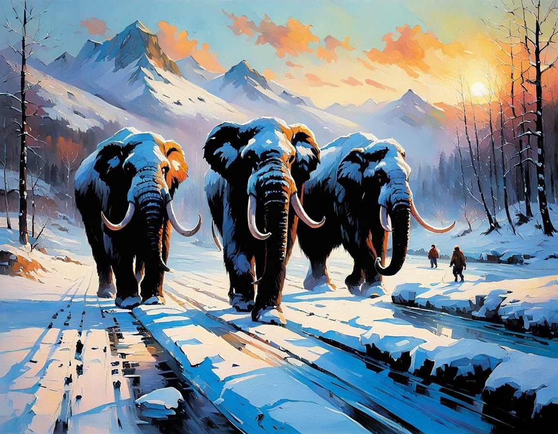 Mammoths in Snowy Northern Europe Last Ice Age Scene
