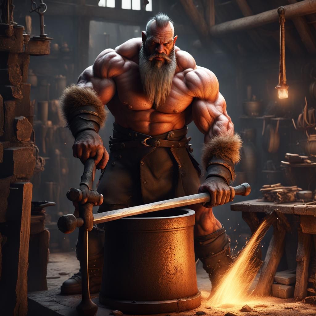 Medieval Orc Blacksmith at Anvil, Digital Art