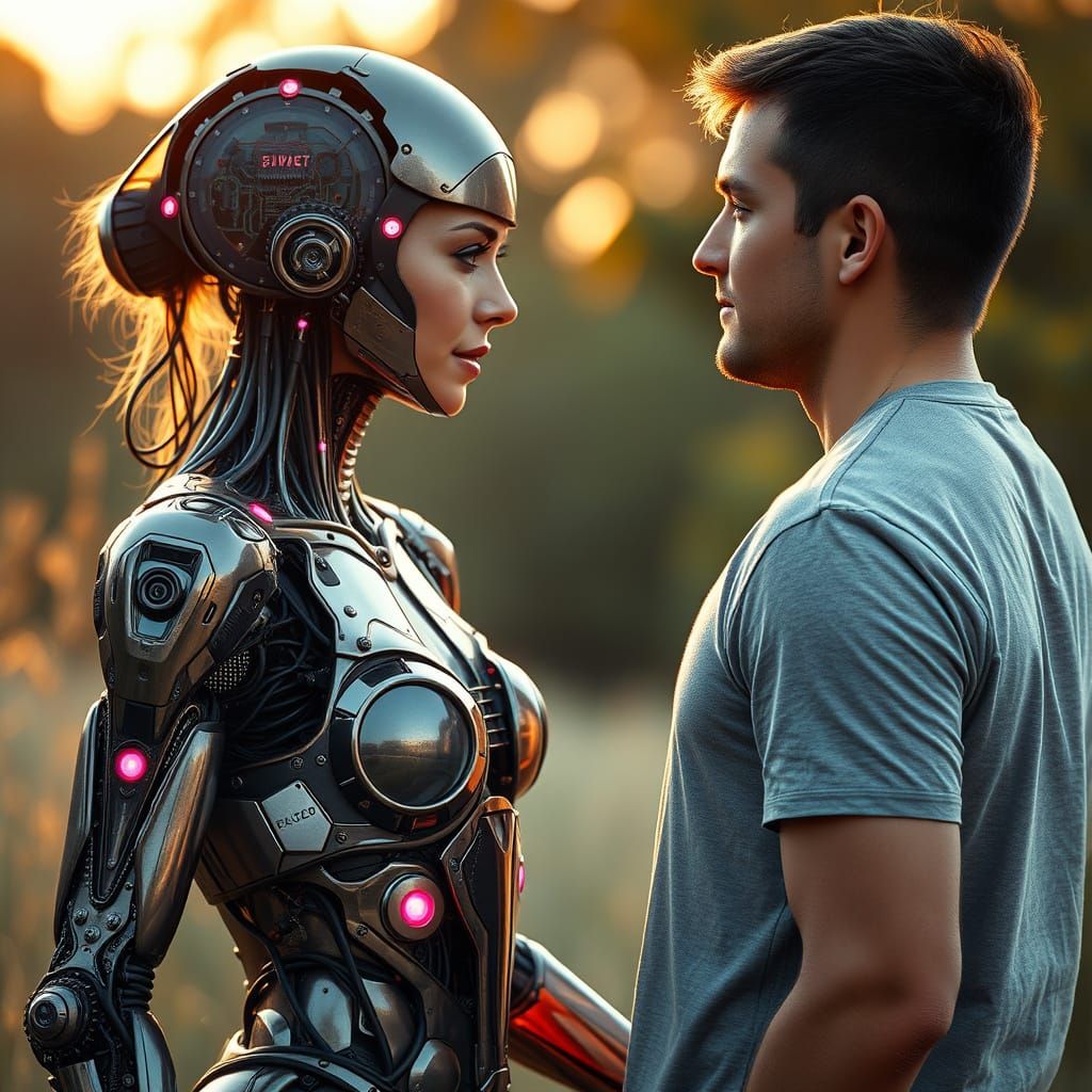 Cyborg Woman with Exposed Circuits Stands Intensely Beside H...