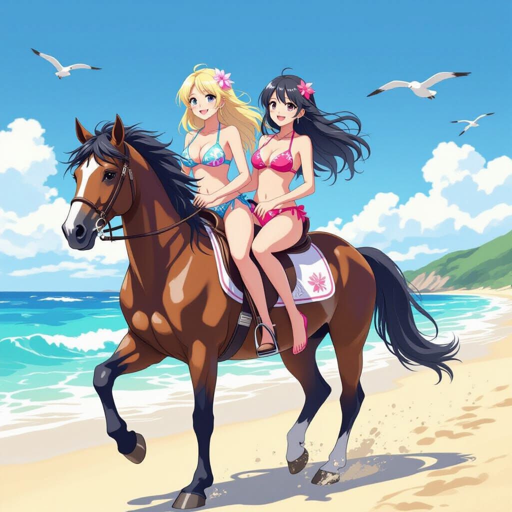Anime-Style Beach Ride with Two Women
