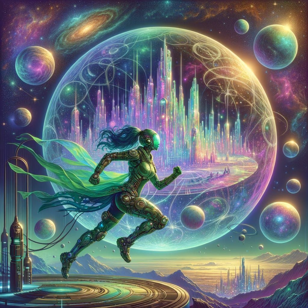 Space Warrior Runs Towards Vibrant Crystalline City in Cosmi...