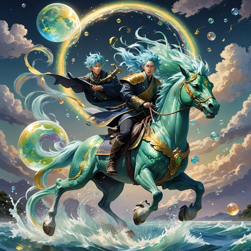 Blue-Haired Rider on Translucent Dragon-Horse: 3D Anime Art