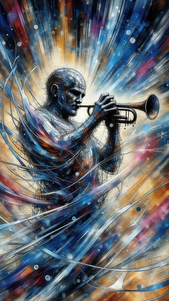 A jazz musician is seen playing. Trumpet made entirely of wa...