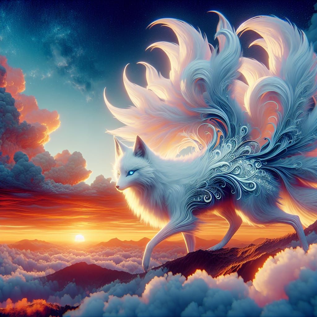 Enchanting Nine-Tailed Fox Leaping at Sunset
