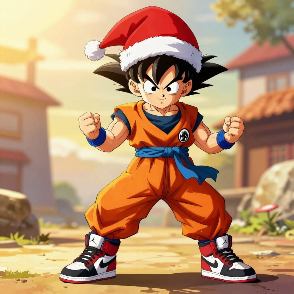 Goku in Santa Hat with Jordans, Golden Hour Glow