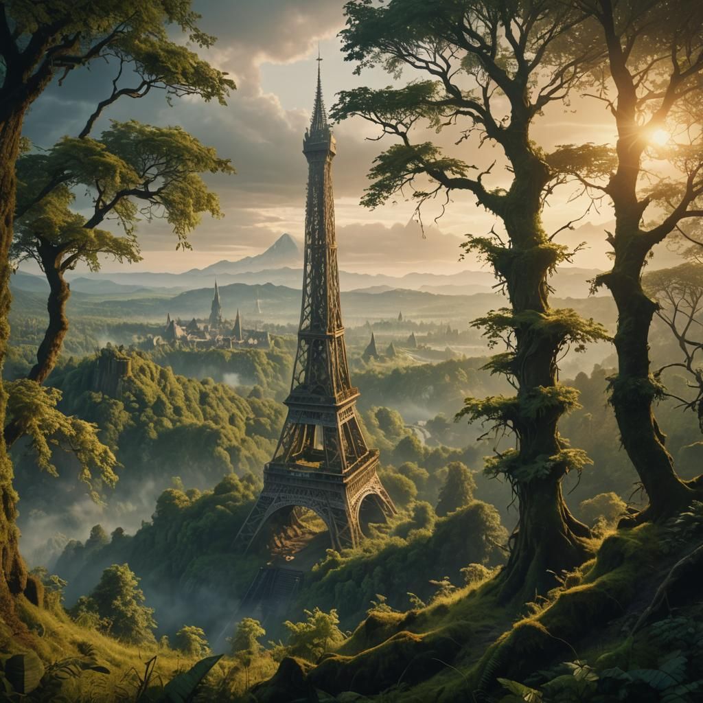 Eiffel Tower Crashes in Fantasy Forest