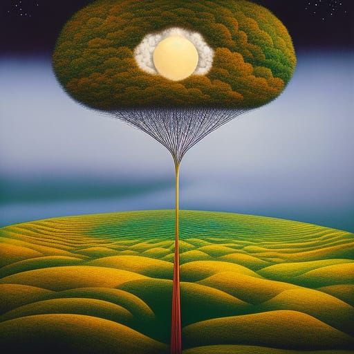 Surreal Woman in Sun and Moon Clouds