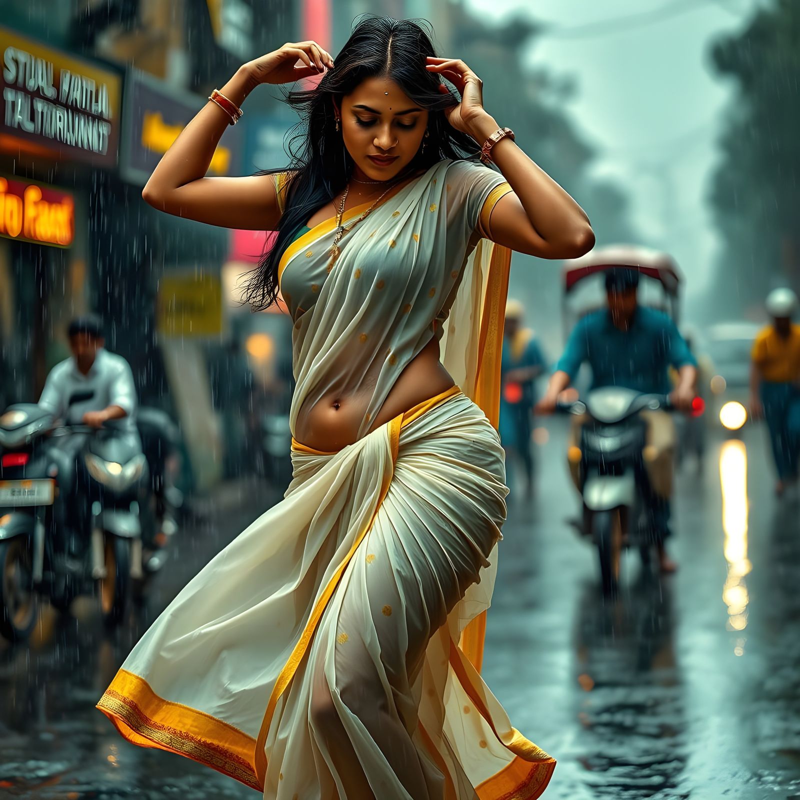 Indian woman in a white and Yellow doted sari