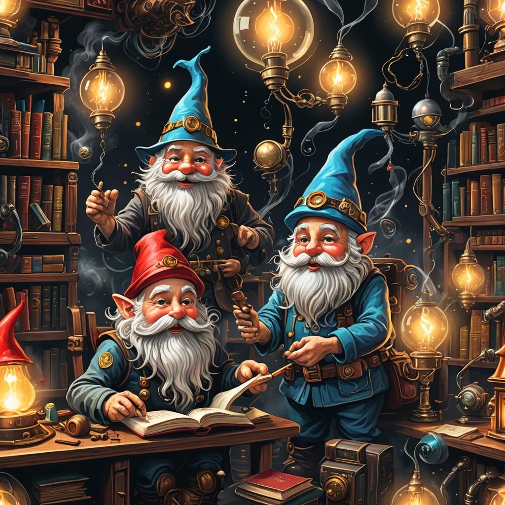 Dieselpunk Library Gnome Machine in Watercolor and Ink