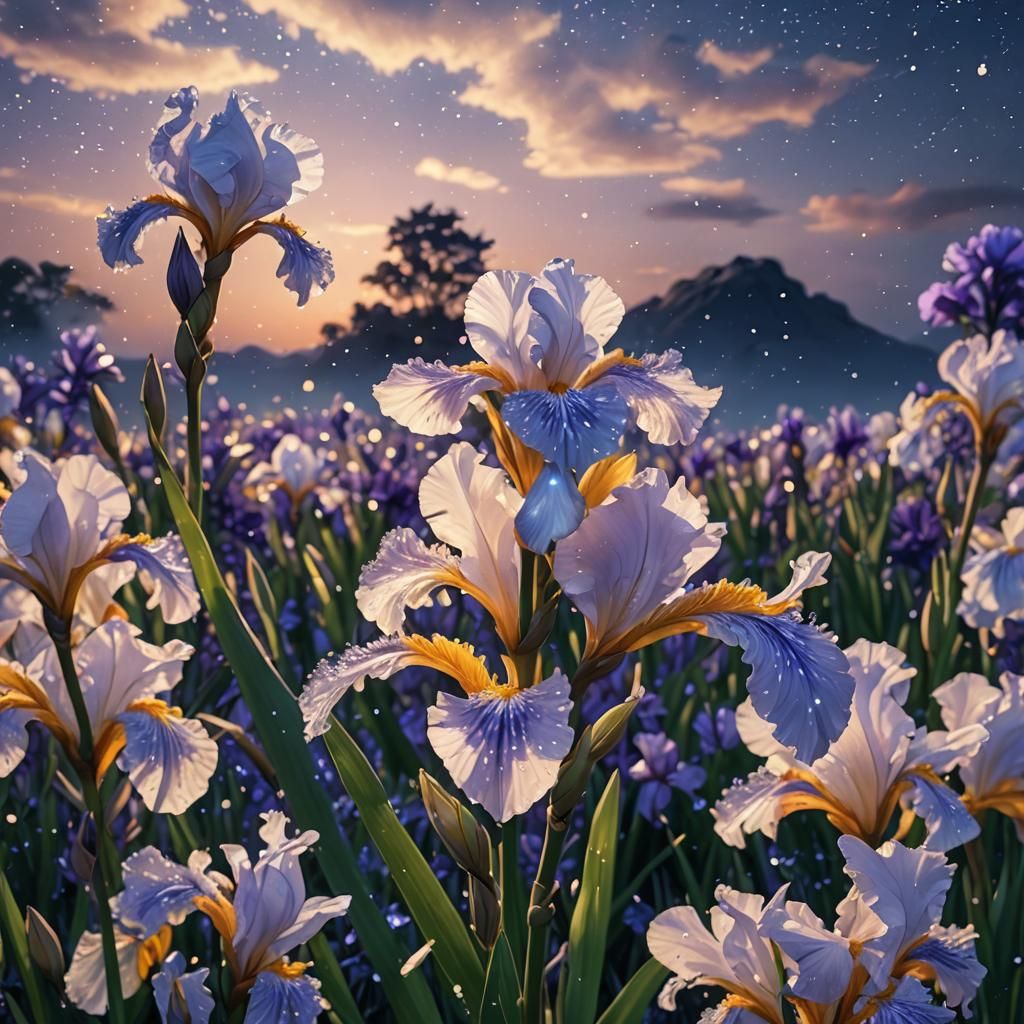 Glowing Dewdrops on Iris: Anime-Inspired Starry Scene