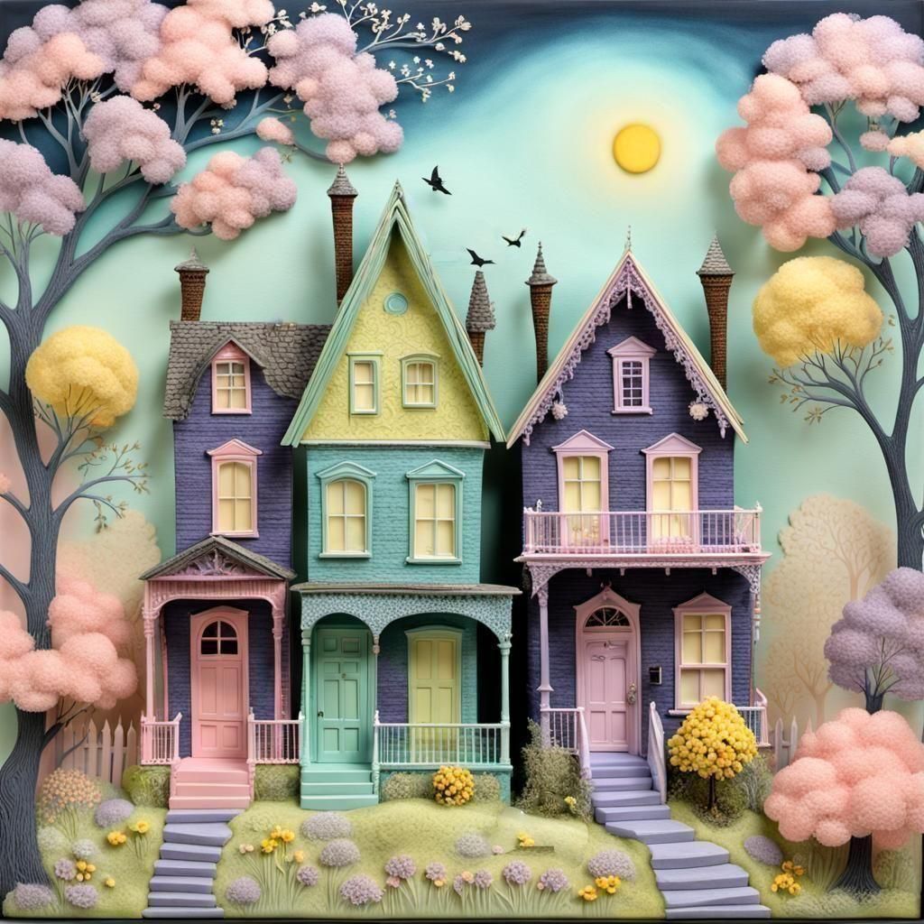 Victorian Pastel Houses in Dimensional Shadowbox Style