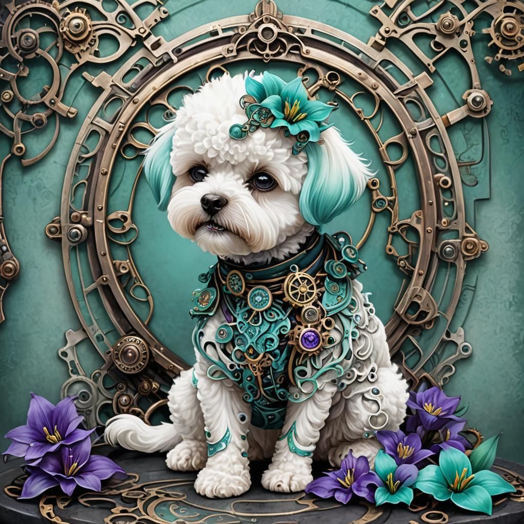 Steampunk Bichon Frise with Lilies and Waterfall