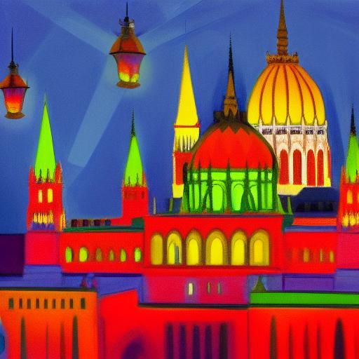 Hungarian Parliament with Glowing Lanterns in Cubist Style