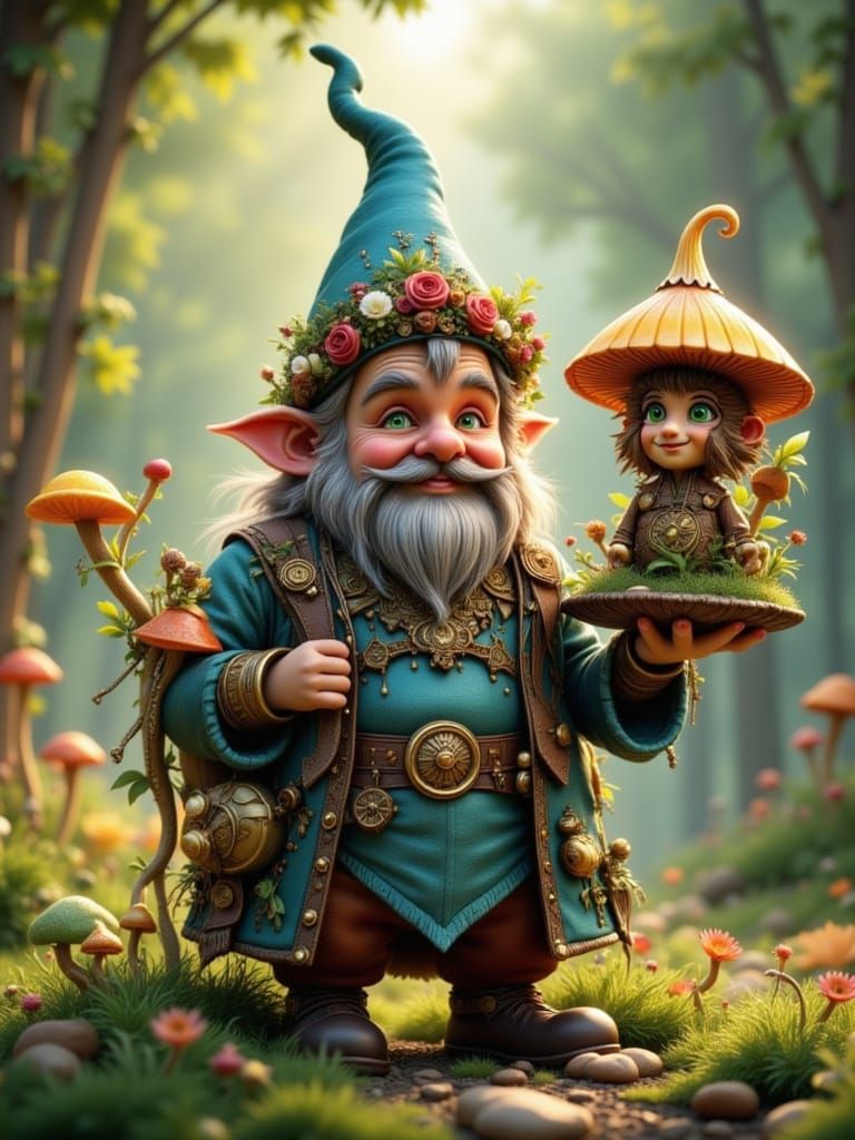 Whimsical Gnome Portrait in Enchanted Forest