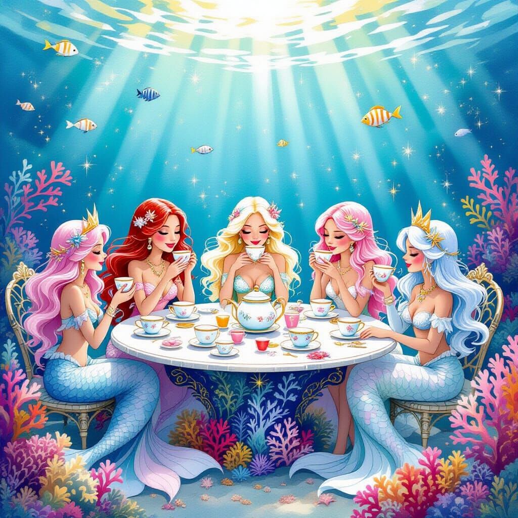 Magical Mermaid Tea Party in Watercolor Style