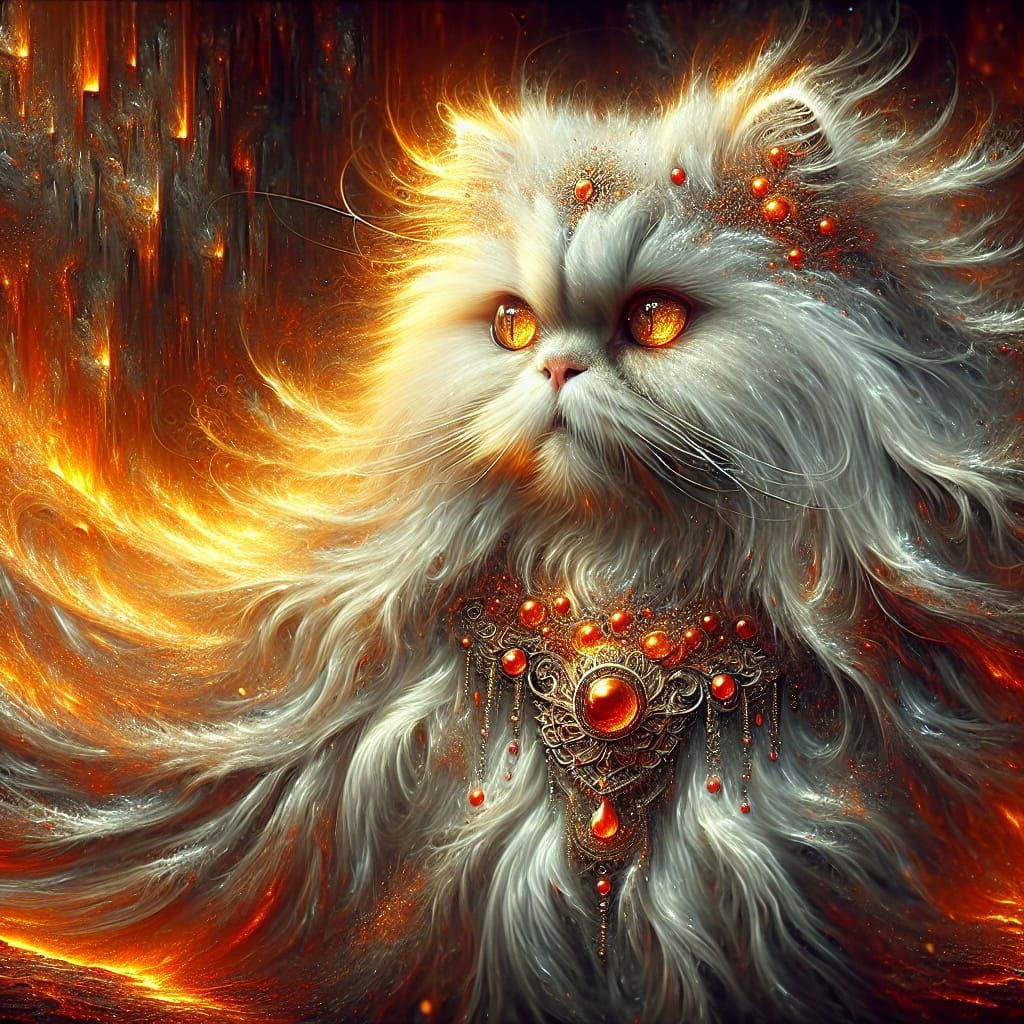 Lava Persian Cat with Ornate Necklace, Detailed Matte Painti...