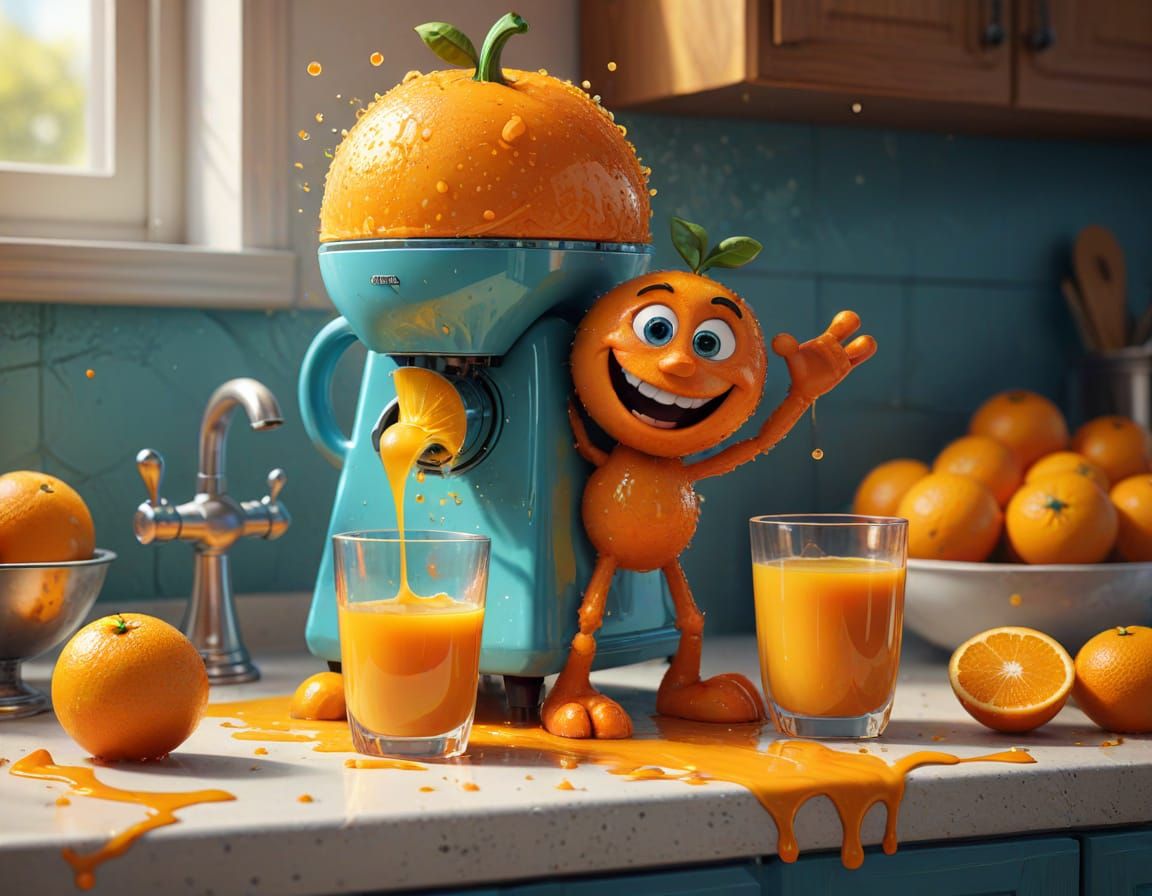 Whimsical Orange Hugs Glass of Juice in Vibrant 3D Art