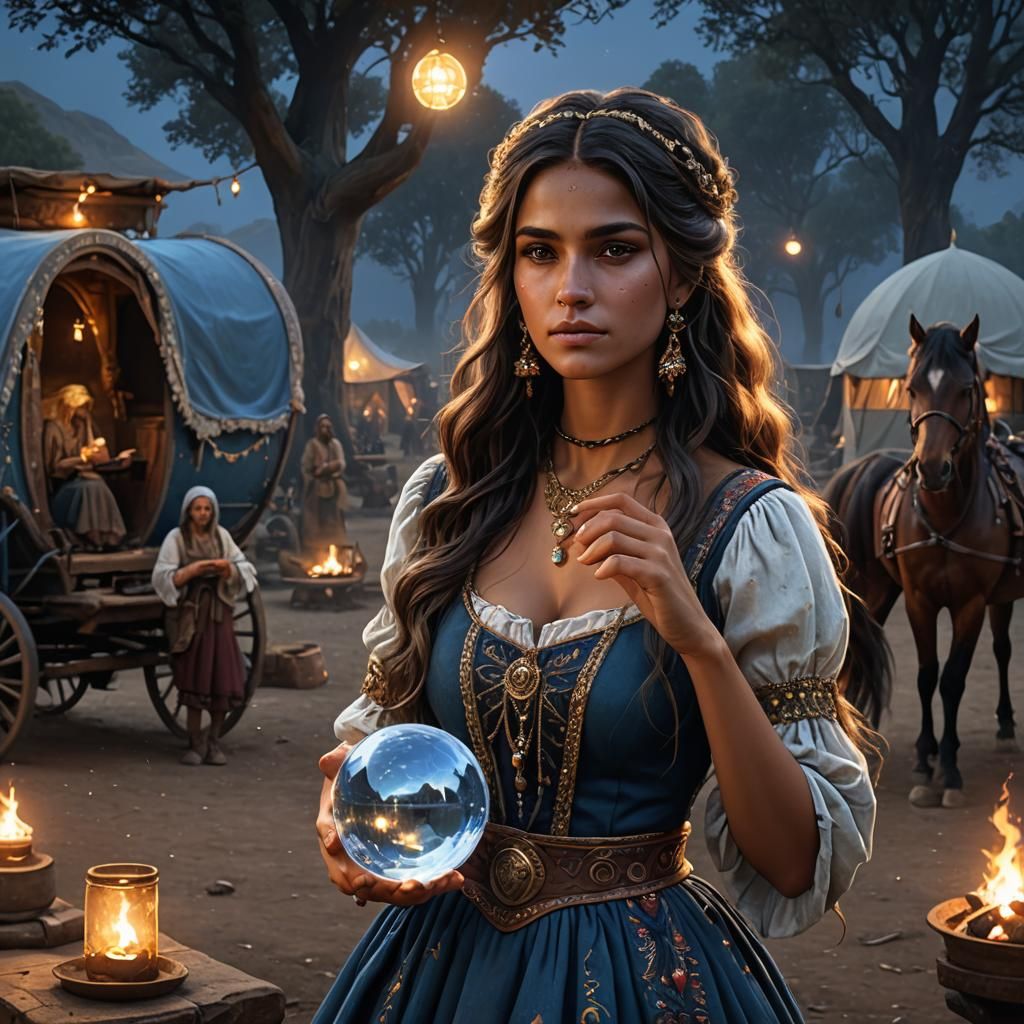 Moonlit Gypsy Camp with Crystal Ball Portrait