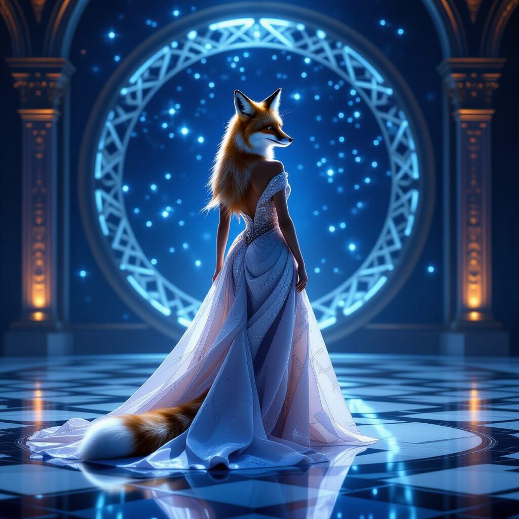 Elegant Fox in Shimmering Gown on Ballroom Floor