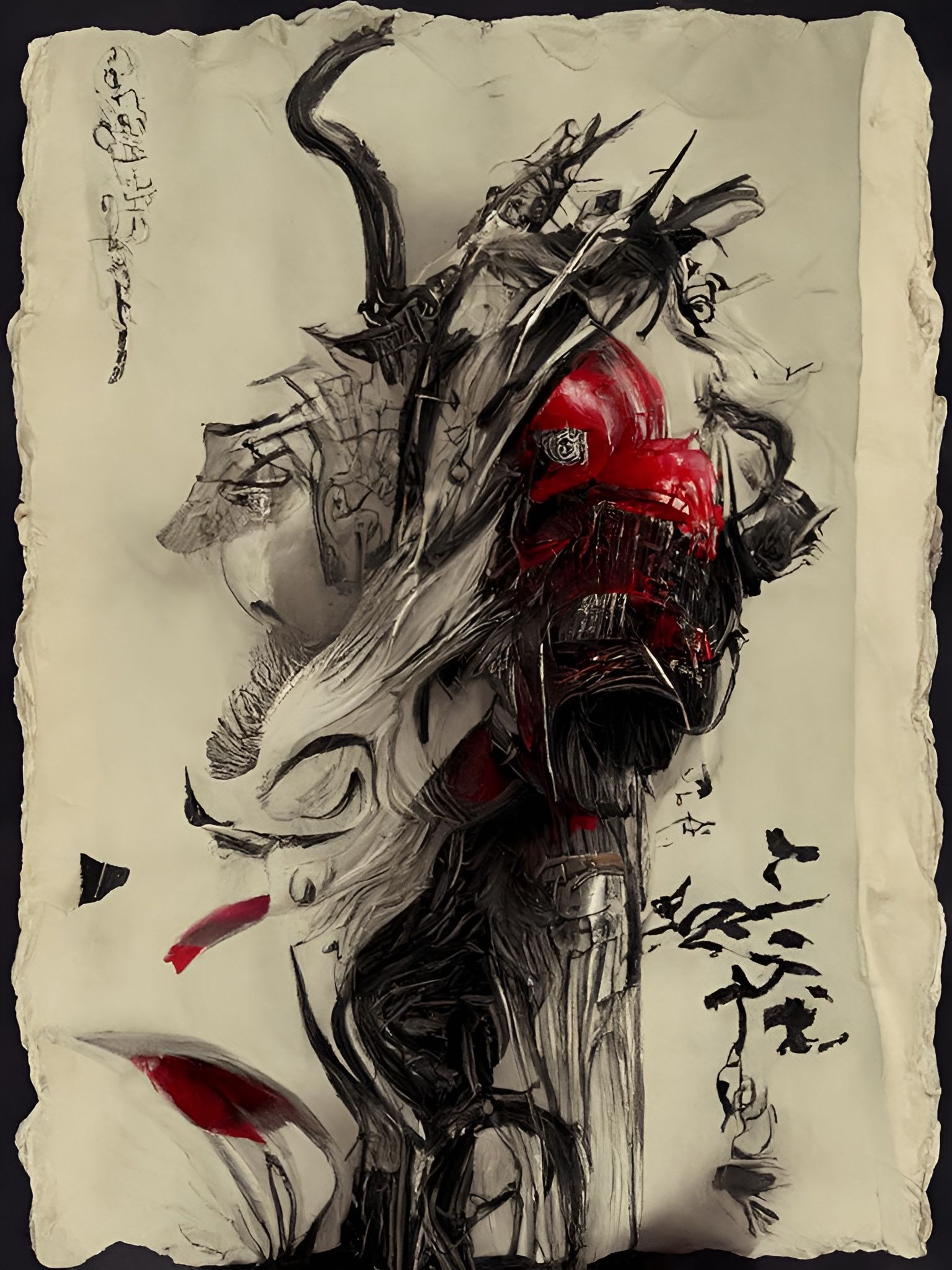 Samurai vs Steel Lion: Ink and Watercolor Drawing